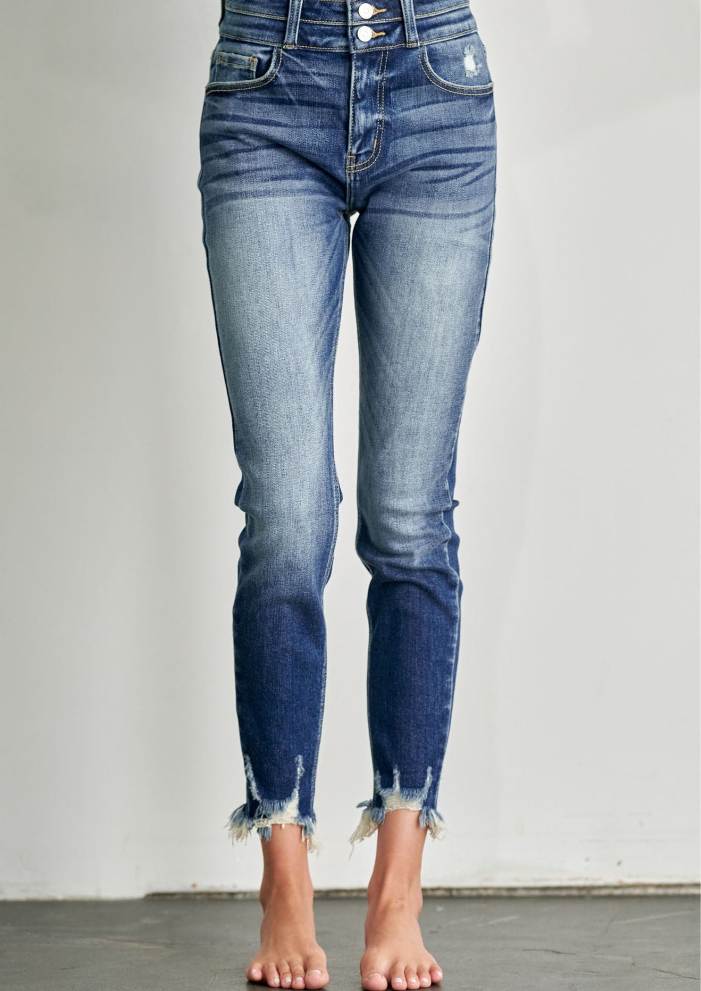 Madeline Ultra High Rise Double Waistband Ankle Skinny with Hem Distress Jeans