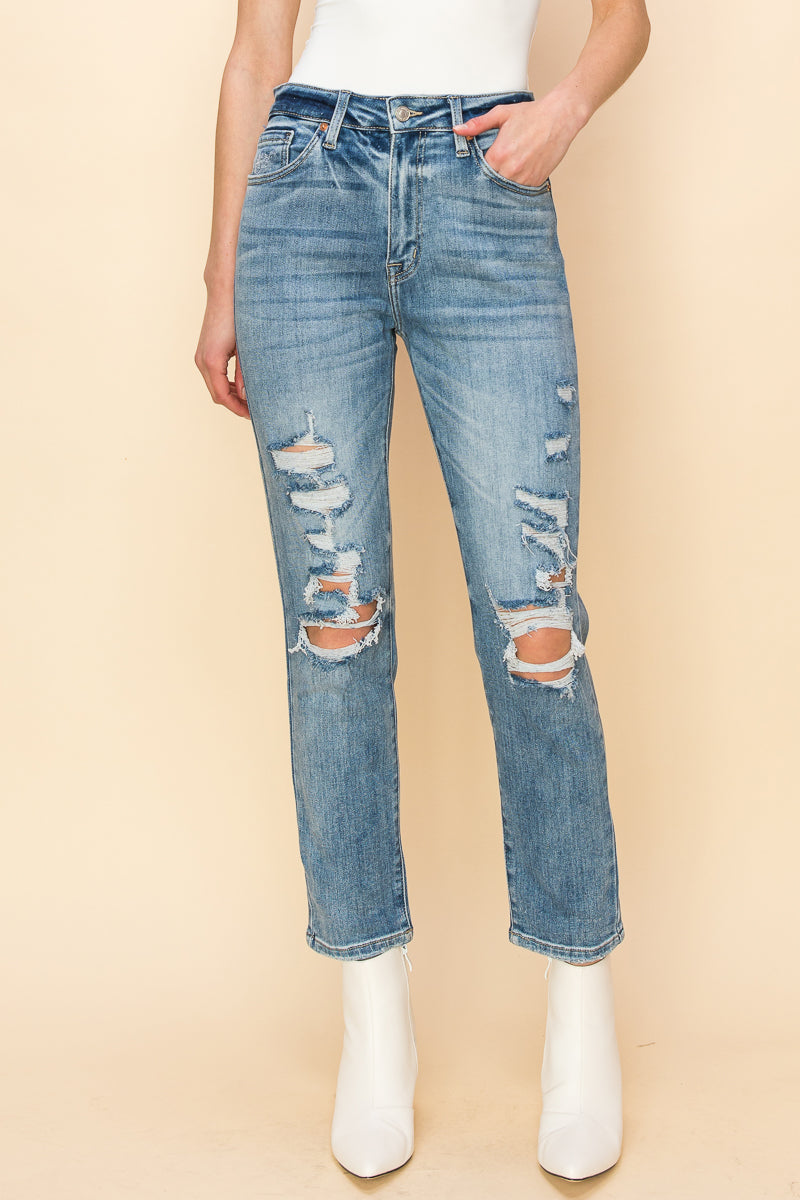 Serenity High Rise Stretch Distressed Mom Jeans