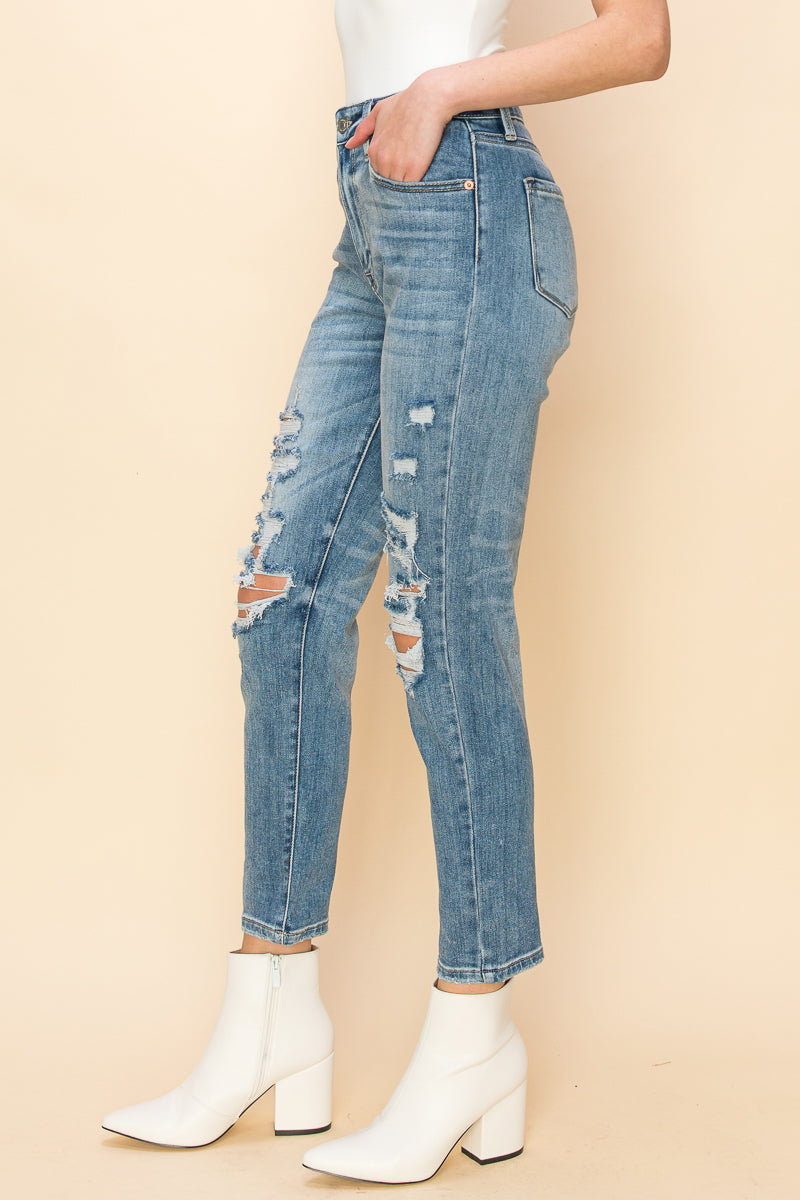 Serenity High Rise Stretch Distressed Mom Jeans