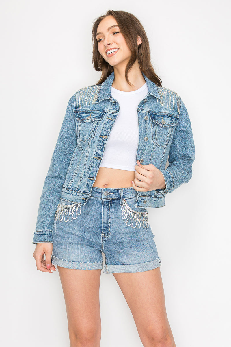 Juliette Back Tie Slit Denim Jacket (Light Wash)