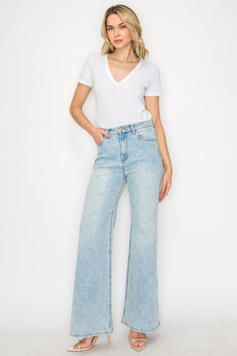 Metallic Ultra High Rise Relaxed Flare Jeans