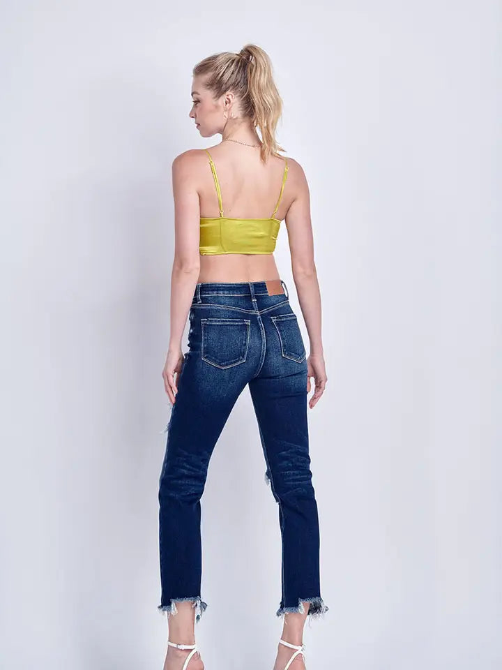 High rise Stretch Distressed Ankle Straight Jeans