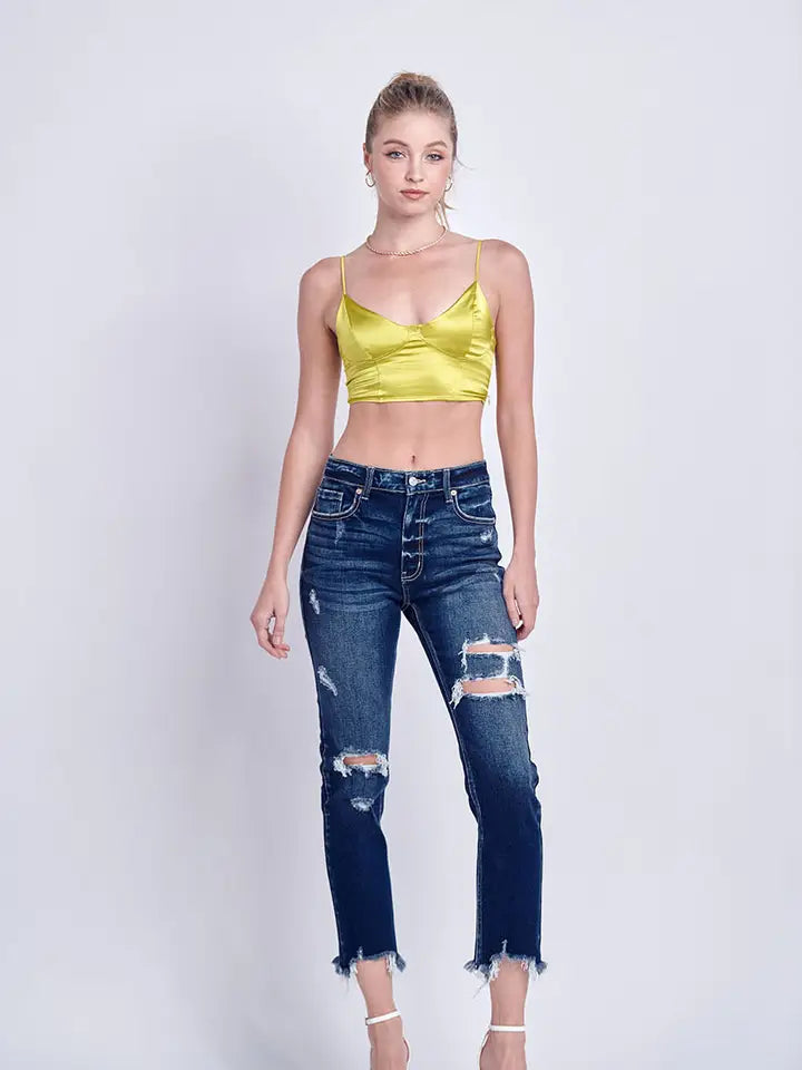 High rise Stretch Distressed Ankle Straight Jeans