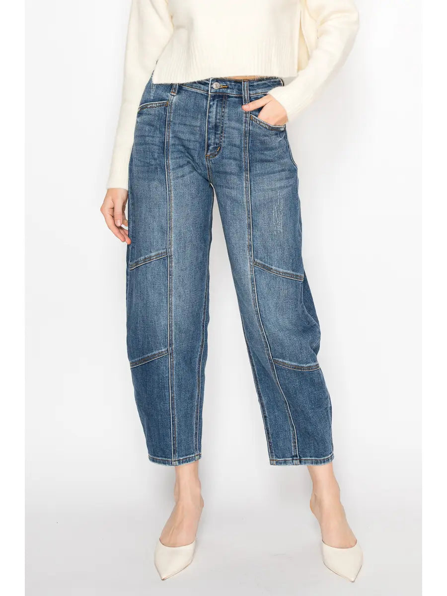 Elara Relaxed Tapered High Rise Cut Seam Detailing Barrel Jeans