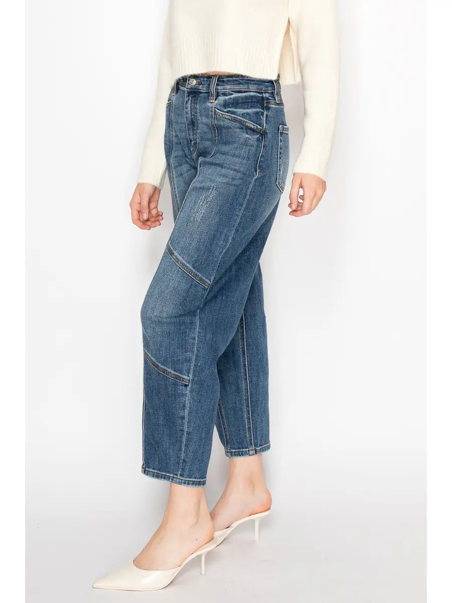 Elara Relaxed Tapered High Rise Cut Seam Detailing Barrel Jeans