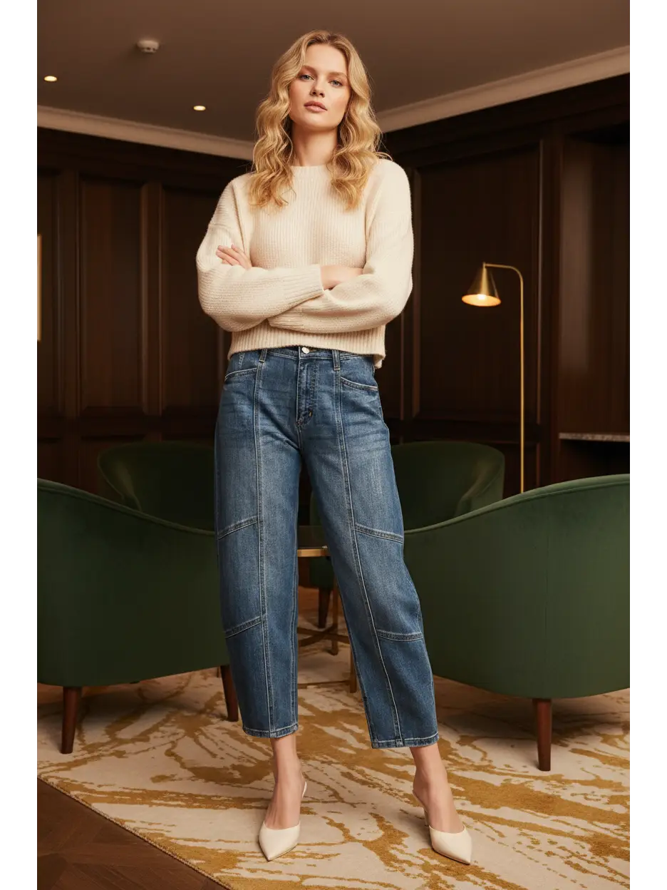 Elara Relaxed Tapered High Rise Cut Seam Detailing Barrel Jeans