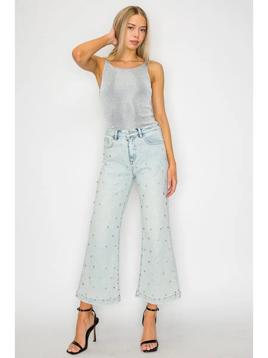 Jewel Embellished High Rise Cropped Palazzo Jeans