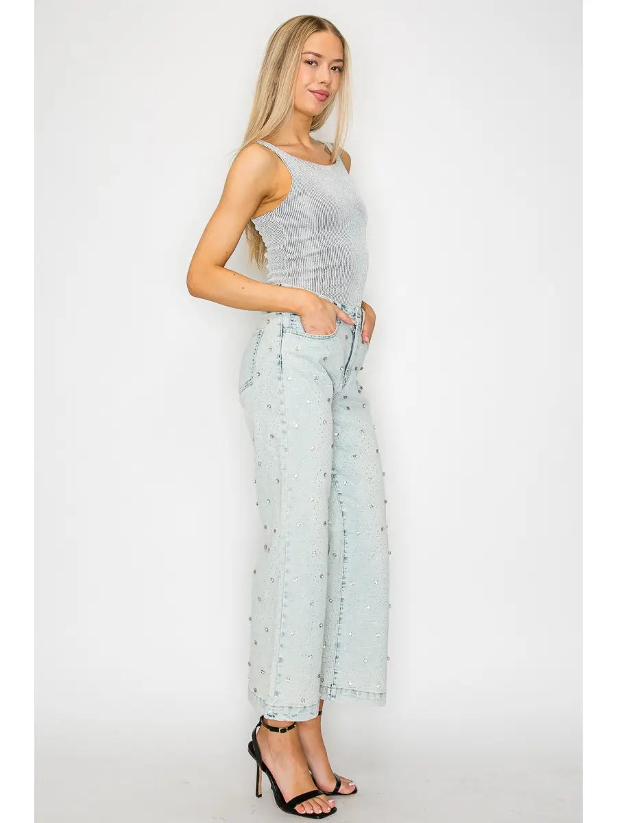 Jewel Embellished High Rise Cropped Palazzo Jeans