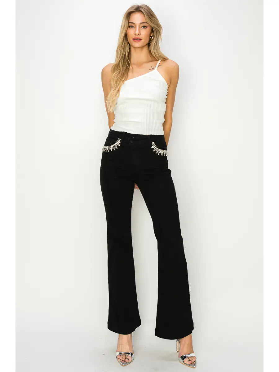 Embellished High Rise Cross Over Flare Jeans