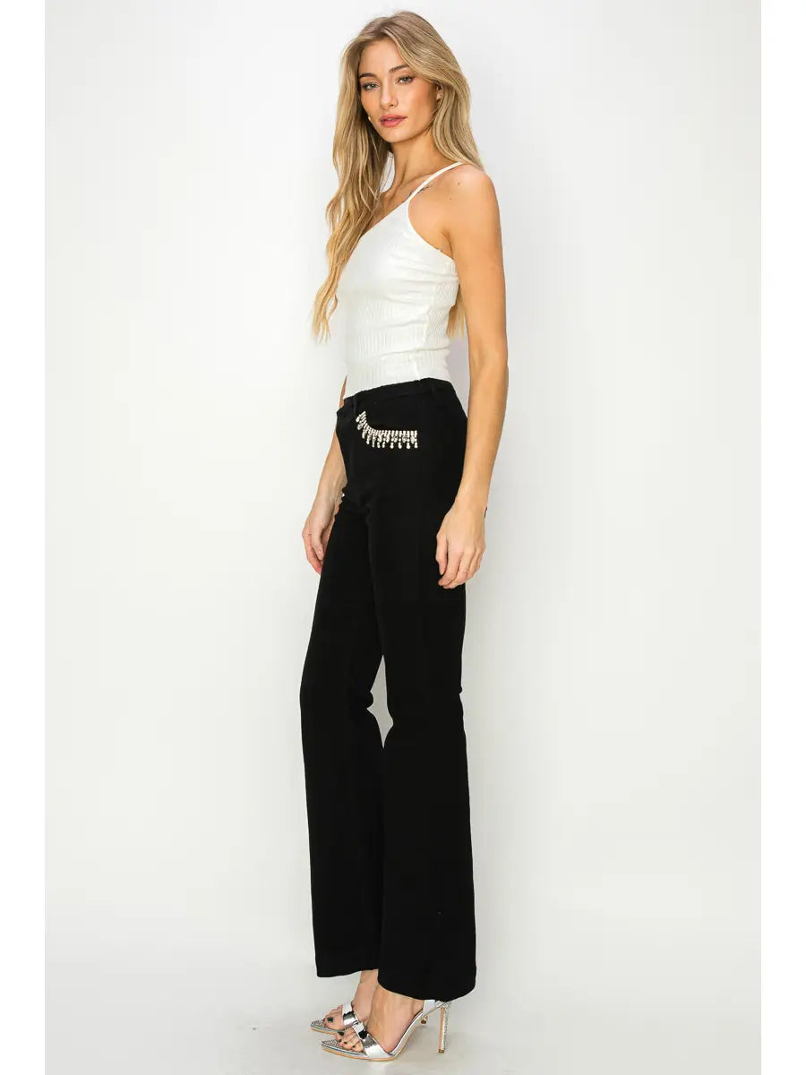 Embellished High Rise Cross Over Flare Jeans