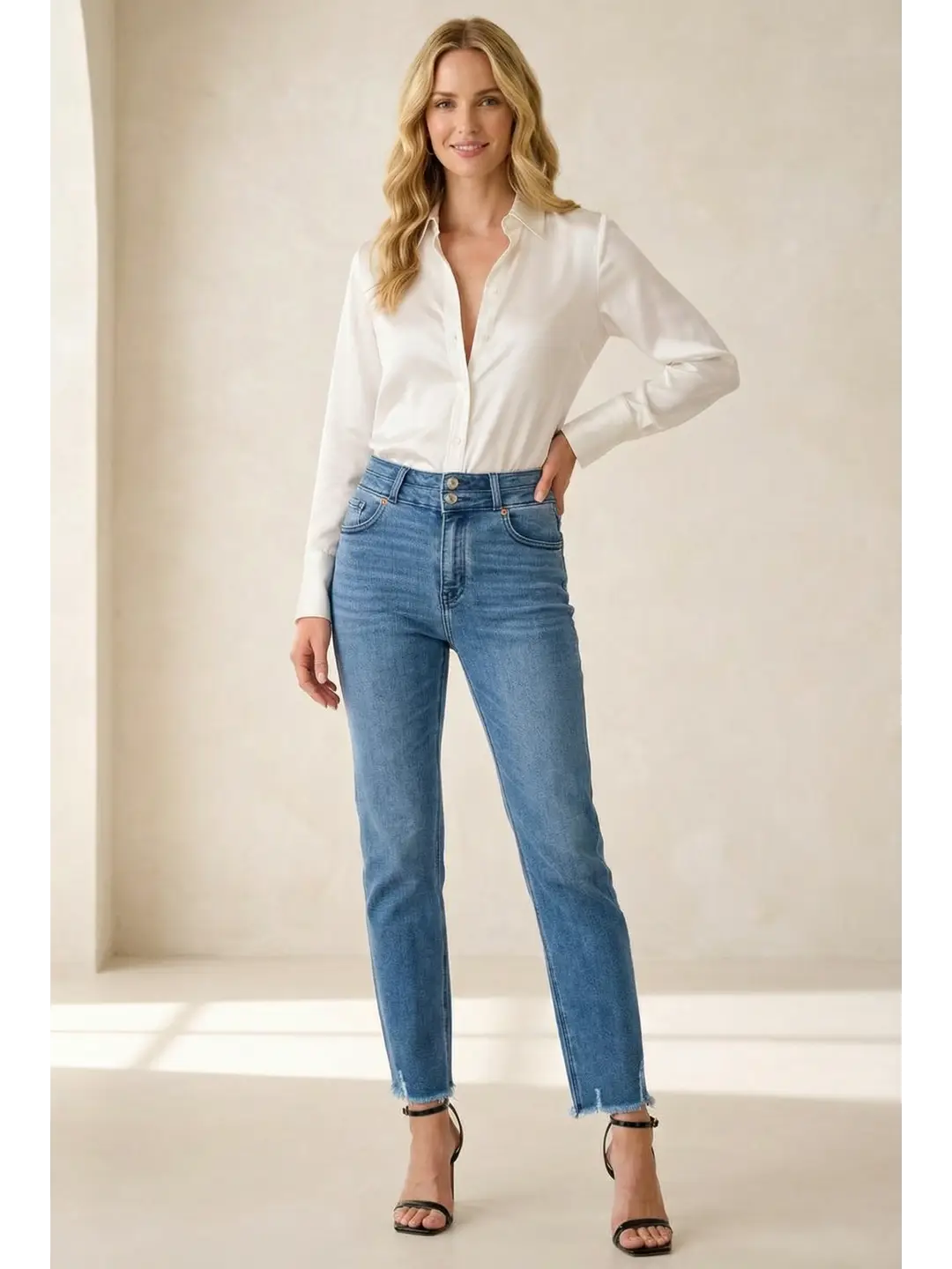 Altitude Heights Corset Double Waistband Straight Frayed Hem Jeans