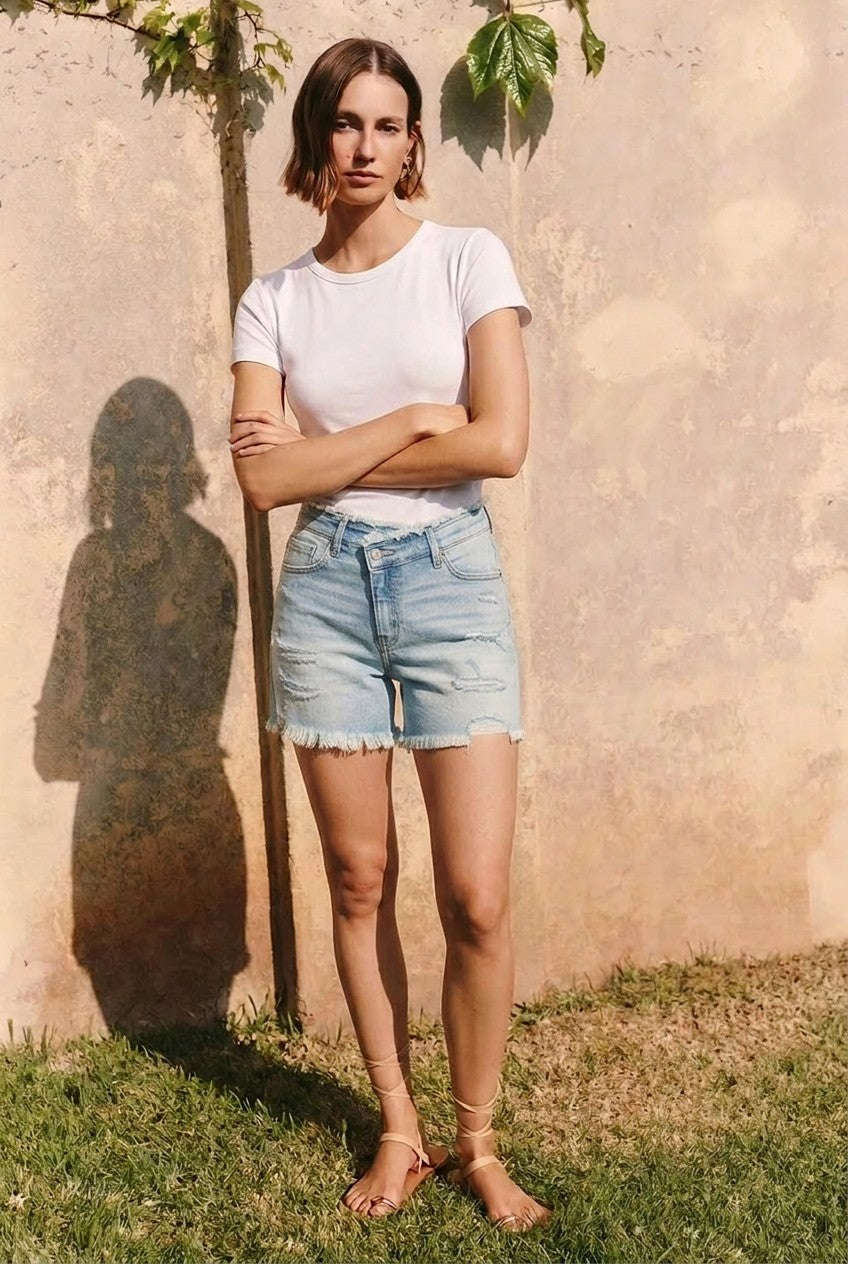 High Rise Crossover Denim Shorts