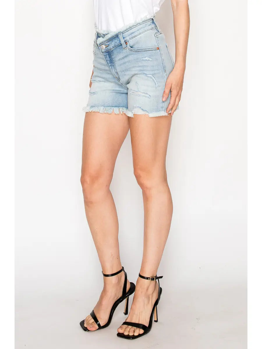 High Rise Crossover Denim Shorts