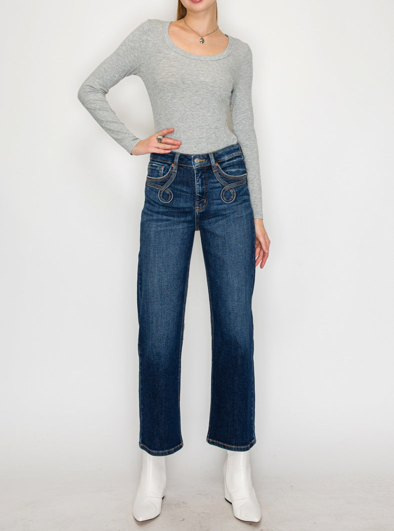 High Rise Ankle Straight Jeans - Western Detail Design