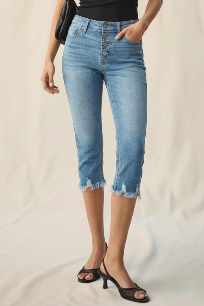 Lauren Mid Rise Capri with Frayed Hem Jeans