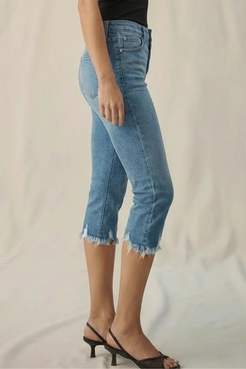 Lauren Mid Rise Capri with Frayed Hem Jeans