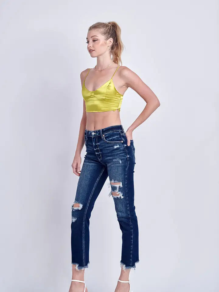High rise Stretch Distressed Ankle Straight Jeans